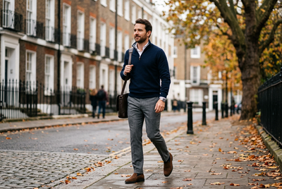 Smart casual outfit for men: navy quarter-zip, grey trousers and brown loafers