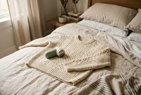 Cream jumper laid flat with an electric fabric shaver