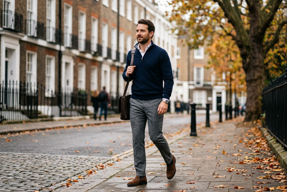Smart casual outfit for men: navy quarter-zip, grey trousers and brown loafers