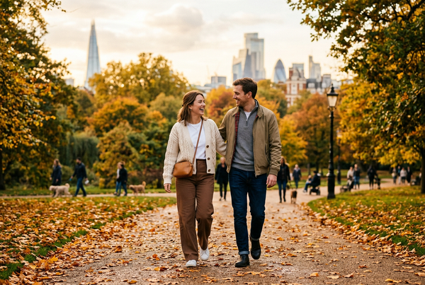 Autumn outfits for women and men in a London park