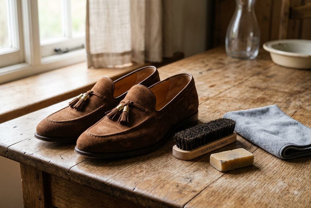 Brown suede loafers with a suede brush and eraser ready for cleaning