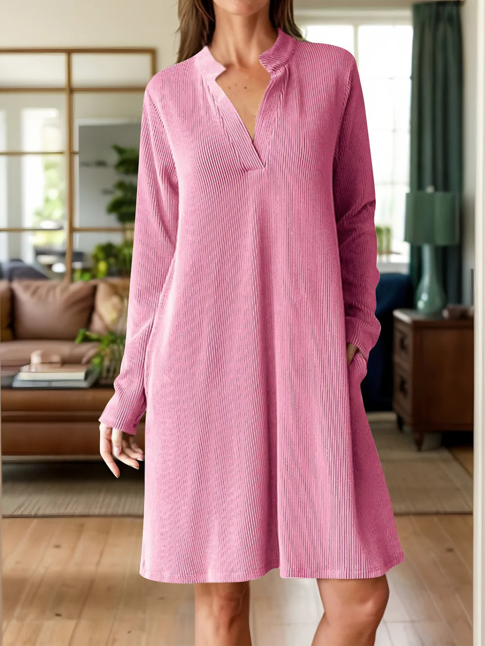 Photo: Women's V Neck Long Sleeve Mini Dress with Pockets | Seoden London