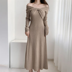 Photo: Women's Off Shoulder Ribbed Knit Midi Dress | Seoden London — view 1