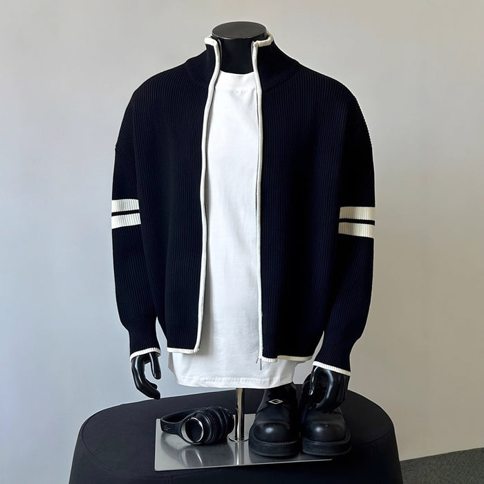 Hong Kong Stripe-Sleeve Zip Knit Cardigan
