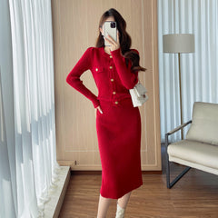 Photo: Women's Red Knit Cardigan and Midi Skirt Set | Seoden London — view 5