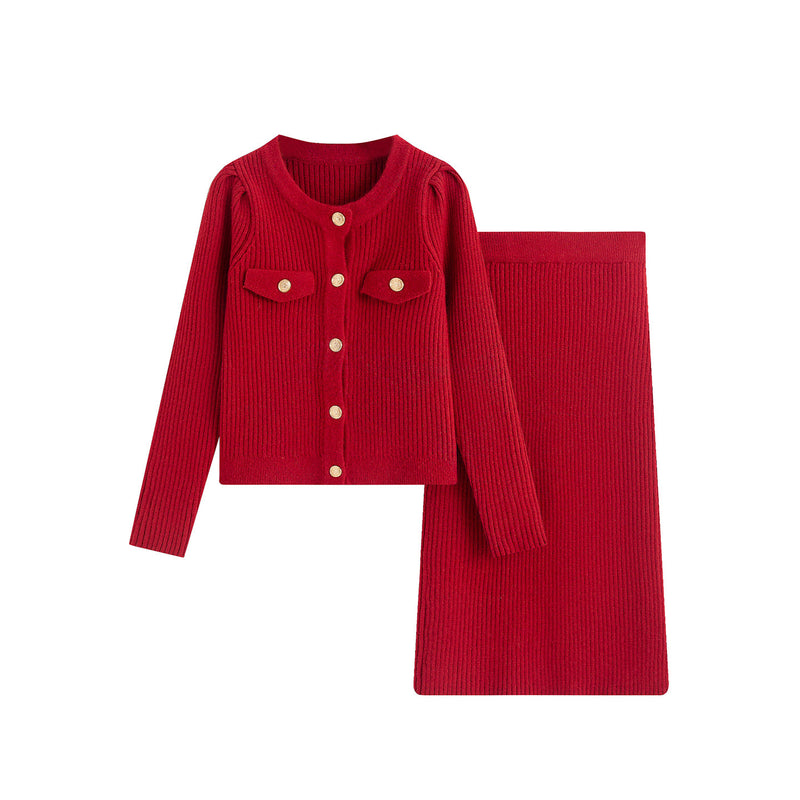 Photo: Women's Red Knit Cardigan and Midi Skirt Set | Seoden London