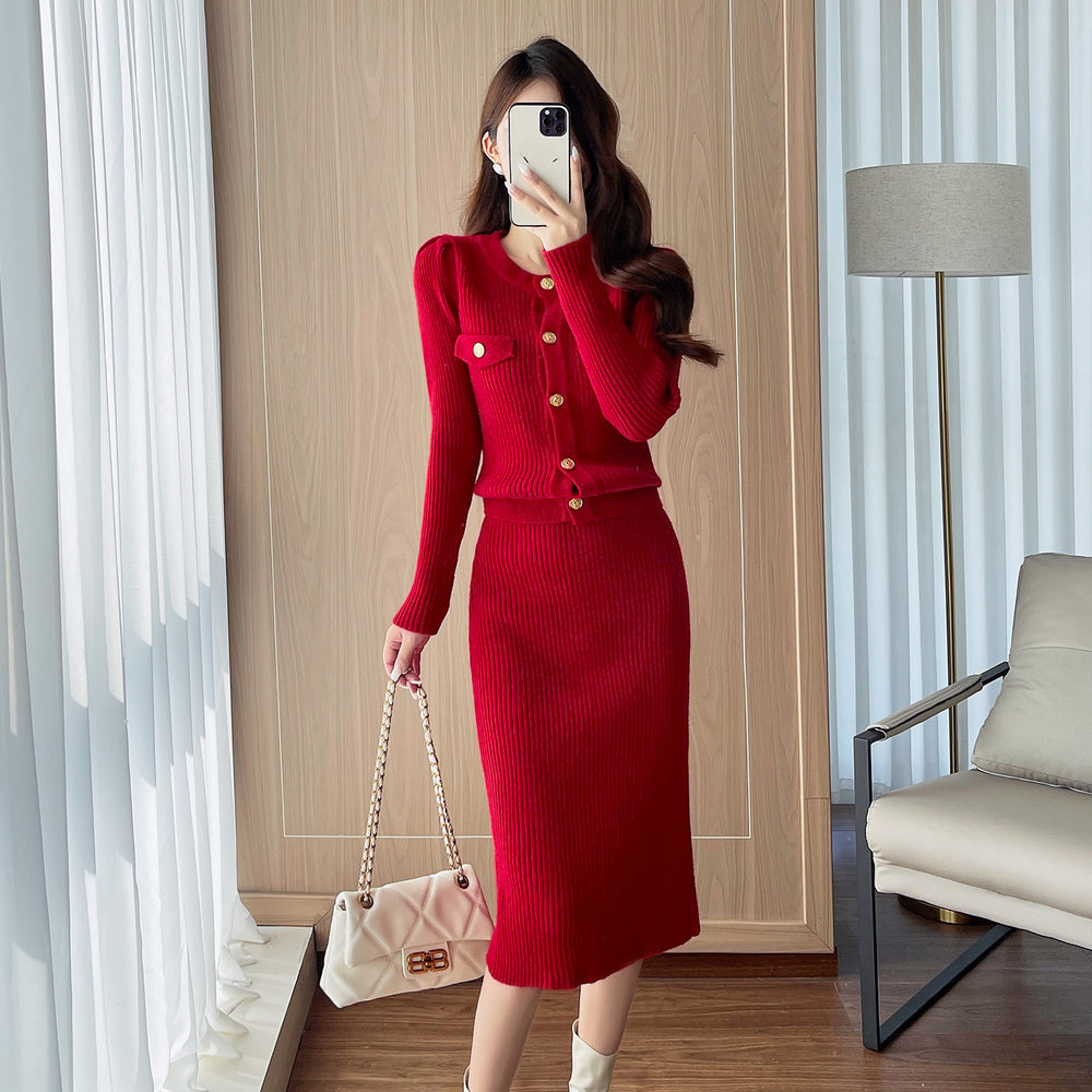 Photo: Women's Red Knit Cardigan and Midi Skirt Set | Seoden London