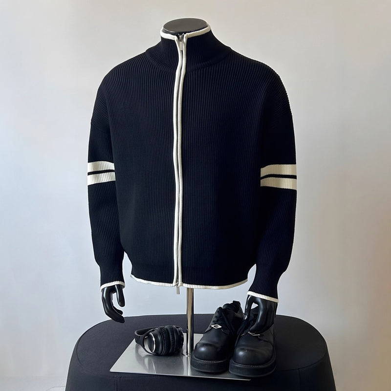 Photo: Hong Kong Stripe-Sleeve Zip Knit Cardigan | Seoden London