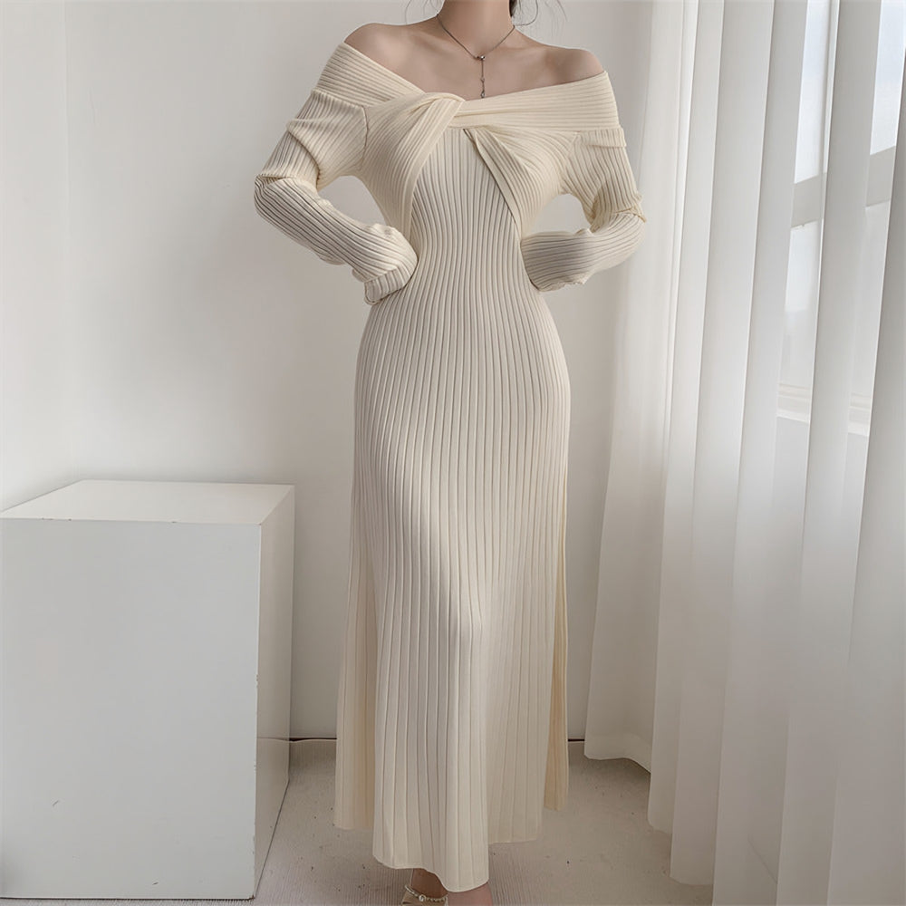 Photo: Women's Off Shoulder Ribbed Knit Midi Dress | Seoden London