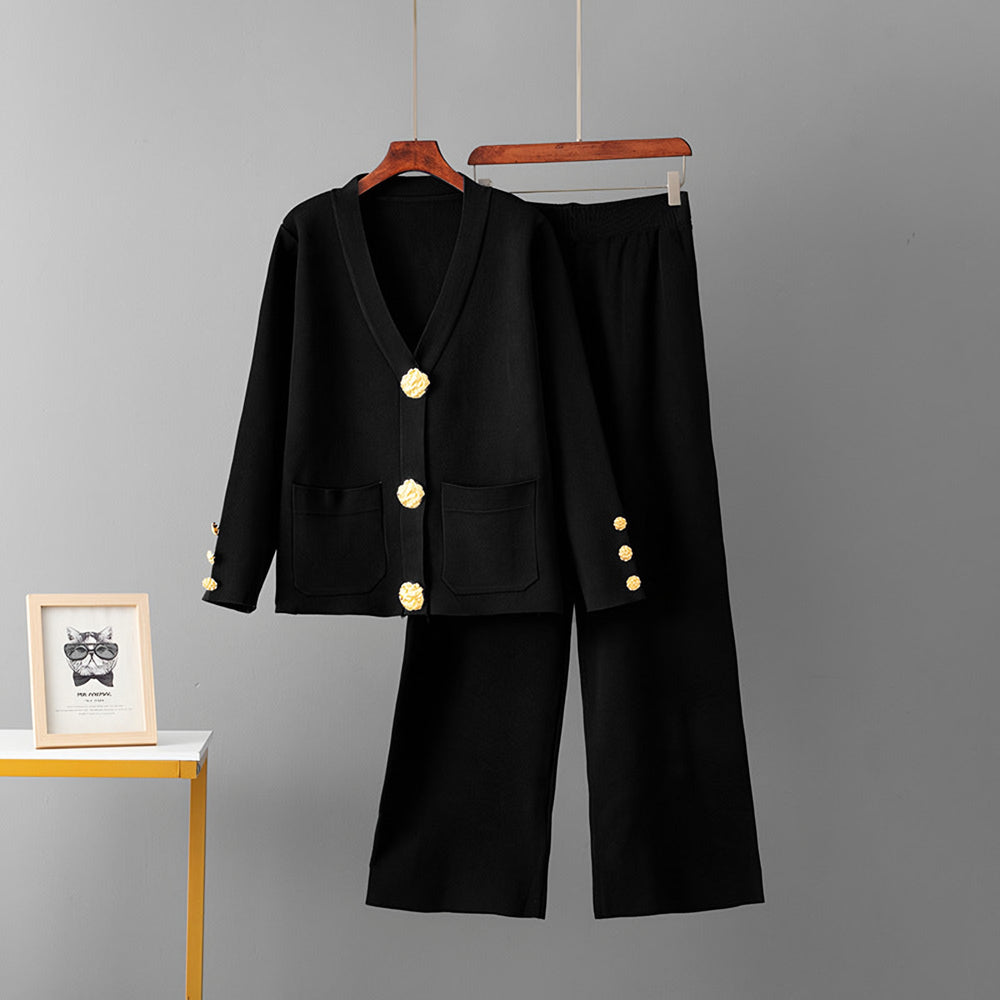 Photo: Women's Button Cardigan and Wide Leg Trousers Knit Set | Seoden London