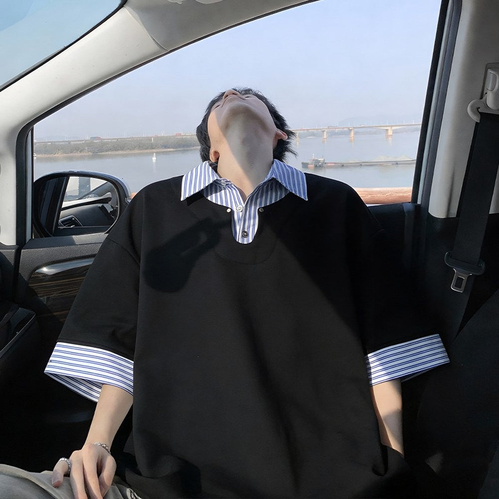 Photo: Men's Striped Collar Cotton Polo Shirt | Seoden London