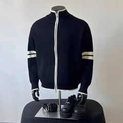 Photo: Hong Kong Stripe-Sleeve Zip Knit Cardigan | Seoden London — view 4