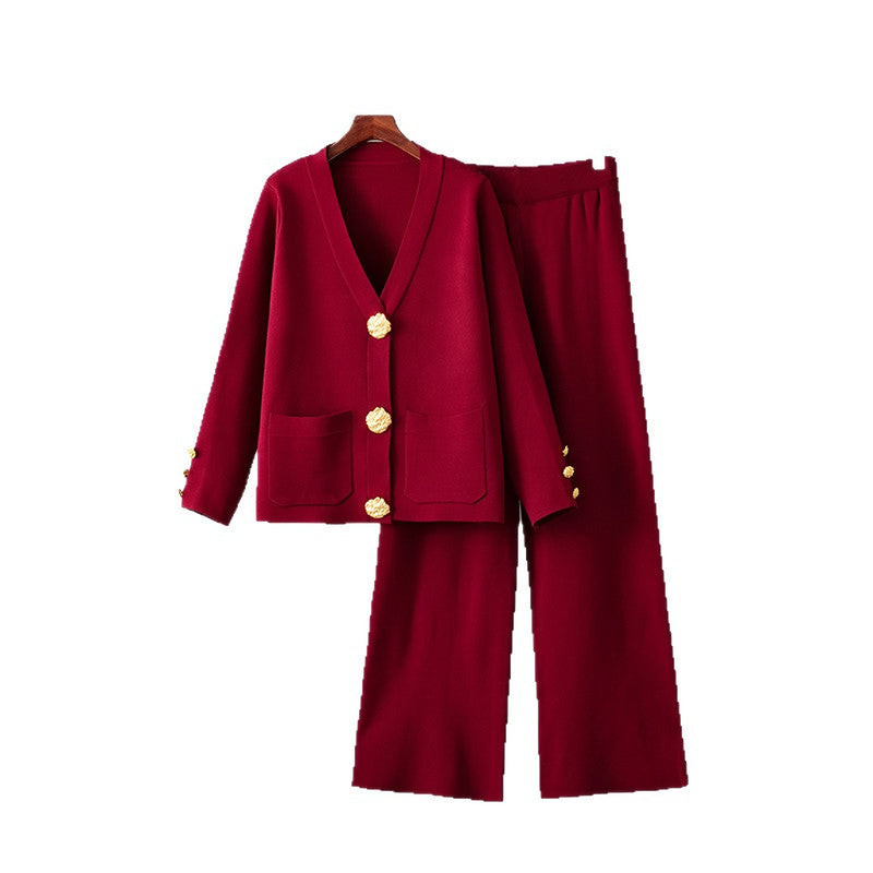 Photo: Women's Button Cardigan and Wide Leg Trousers Knit Set | Seoden London