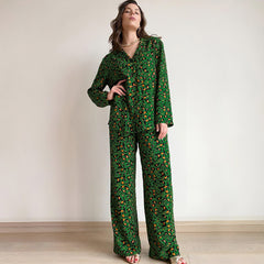 Photo: Women's Long Sleeve Leopard Satin Pyjama Set | Seoden London — view 1