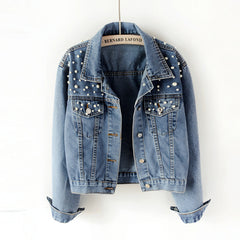Photo: Women's Plus Size Pearl Embellished Denim Jacket | Seoden London — view 1