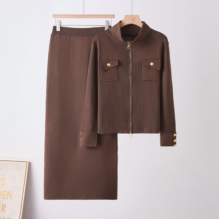 Women's Zip Up Knit Cardigan and Midi Skirt Set
